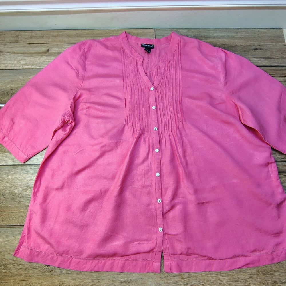 MAGGIE BARNES Pink Linen Rayon Pintuck Blouse Top Catherines Plus Size 2X